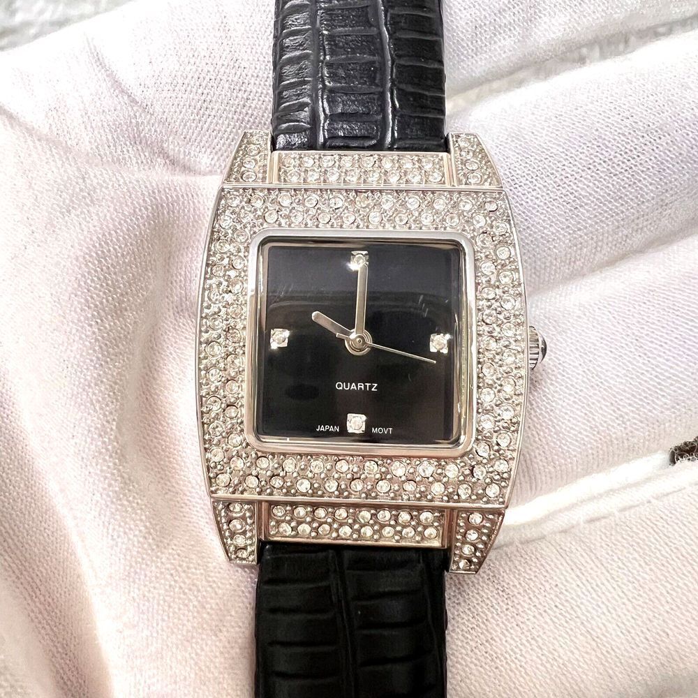Vintage Women's Watch Black Band Faux Leather Rhinestone Bezel Black Dial - Picture 2 of 16